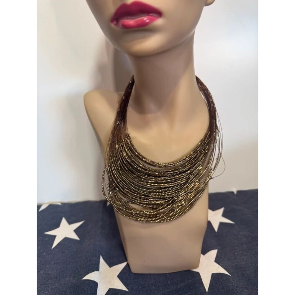 Multi-Strand Metallic Bronze Seed Bead Bib Necklace